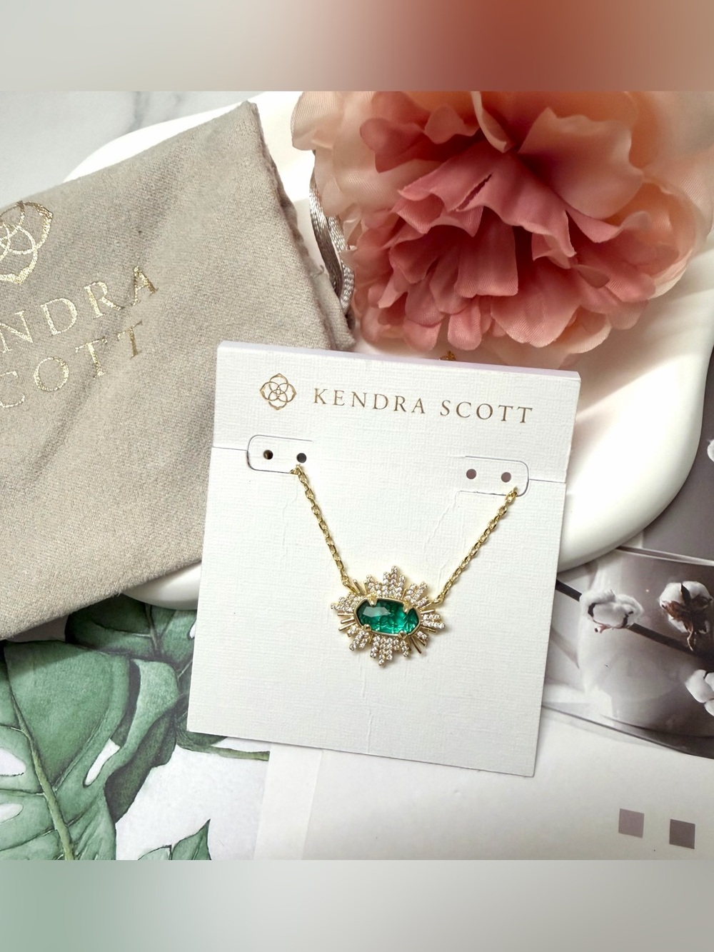Kendra Scott Gold Necklace with Emerald Green Crystal